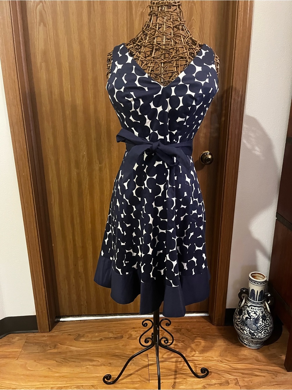 Nine West Navy and White Polka-Dot Fit & Flare Midi Dress with Waist Tie